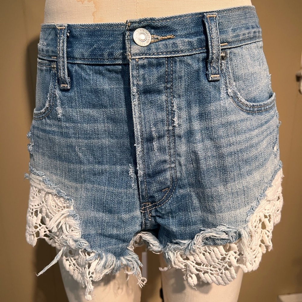 Abercrombie & Fitch Blue and White Lace Trim Jean Shorts